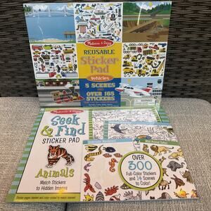 New Melissa & Doug Reusable Sticker Pad Vehicles & Seek Find Sticker Pad Animals